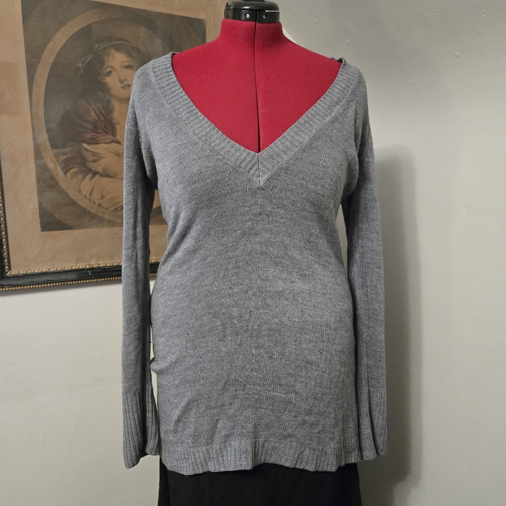 L H&M Grey Long Sleeved Sweater Dress with Deep V Neck